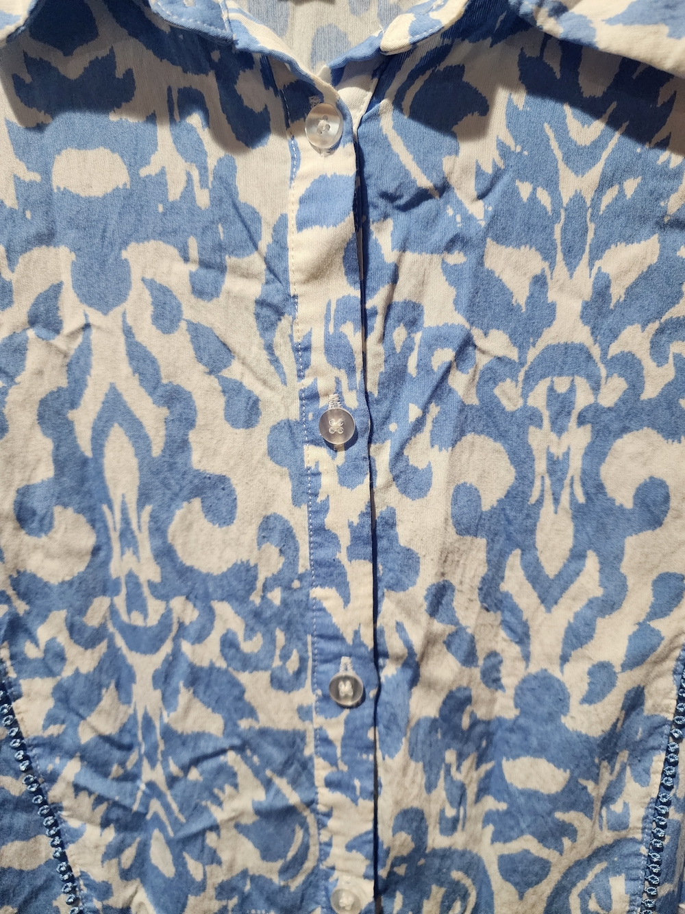 Blue and White Printed Button-Front Women's Dress - Picture 3 of 9